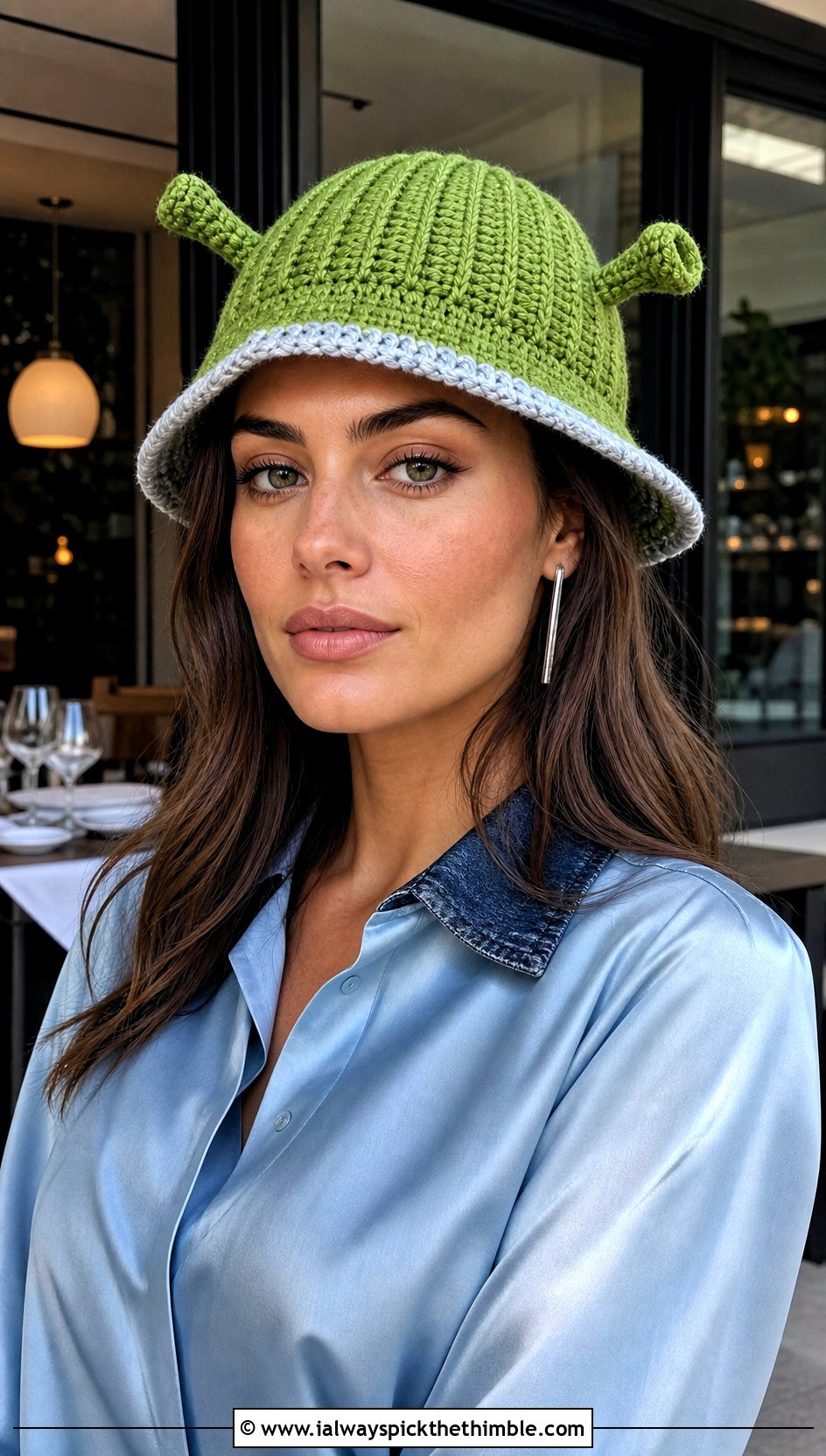 Ribbed Shrek Crochet Bucket Hat With Satin Blouse - 20 shrek crochet bucket hat outfit ideas