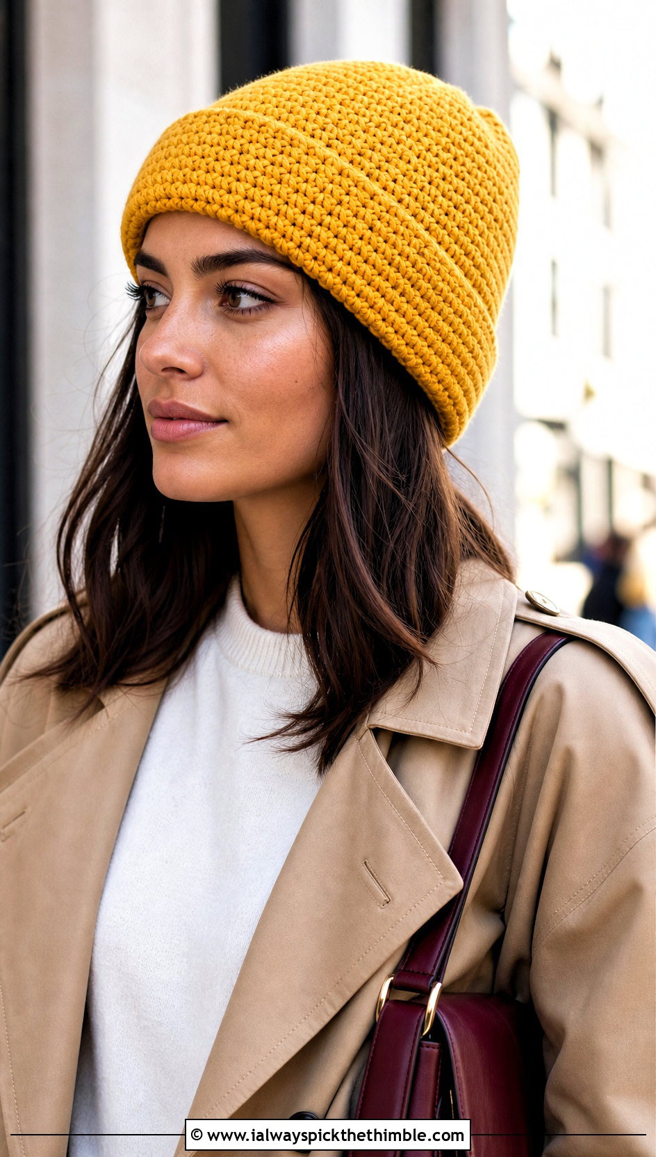 Ribbed Single Crochet Beanie With Trench Coat And Jeans - 15 Sc Crochet Beanie outfit ideas