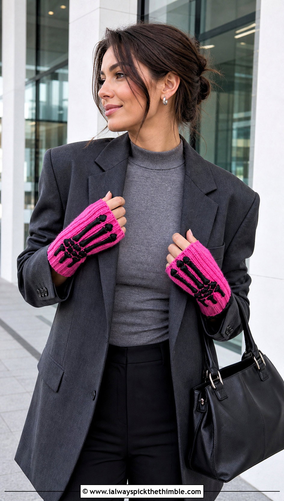 Ribbed Skeleton Fingerless Gloves With Tailored Blazer - 15 Skeleton Crochet Fingerless Gloves outfit ideas