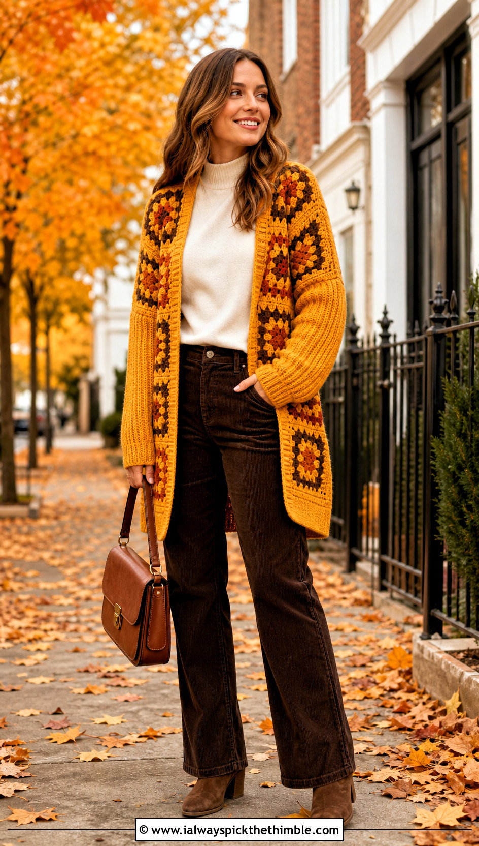 Ribbed Sleeve Granny Square Kimono With Corduroy Pants - 20 granny square kimono outfit ideas