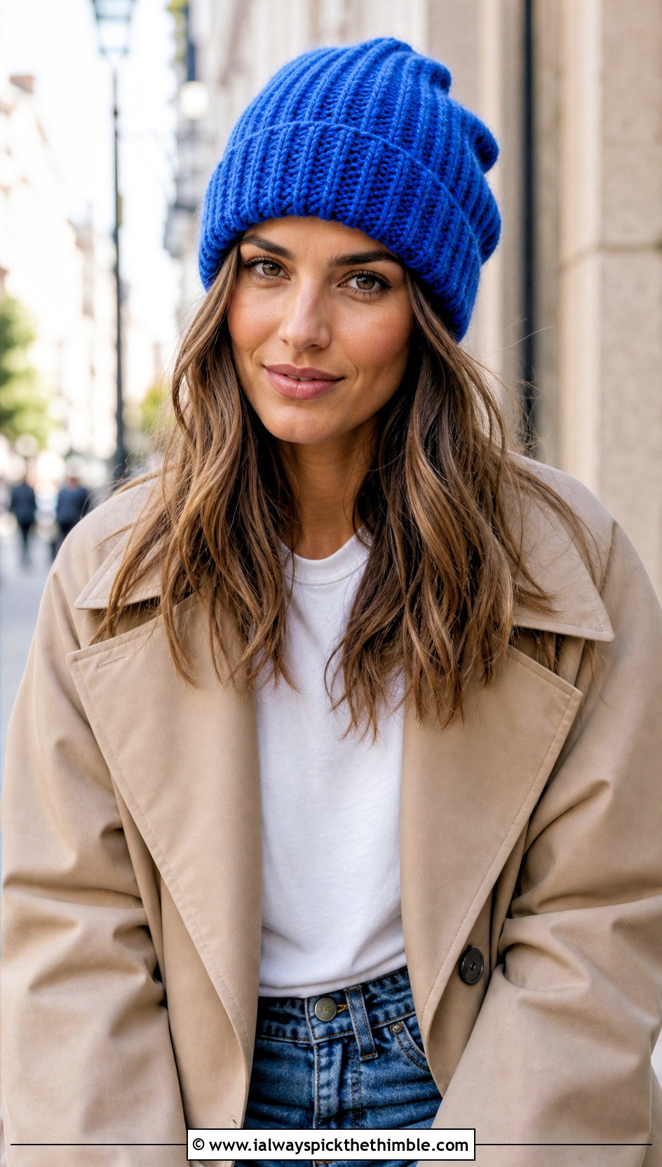Ribbed Slightly Slouchy Crochet Beanie With Trench Coat And Jeans - 15 Slightly Slouchy Crochet Hat outfit ideas