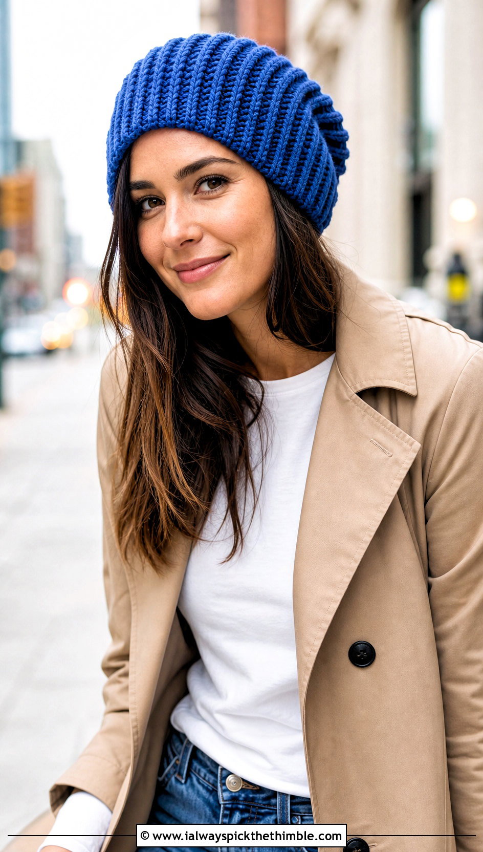 Ribbed Slouch Crochet Beanie With Trench Coat - 20 slouch crochet beanie outfit ideas