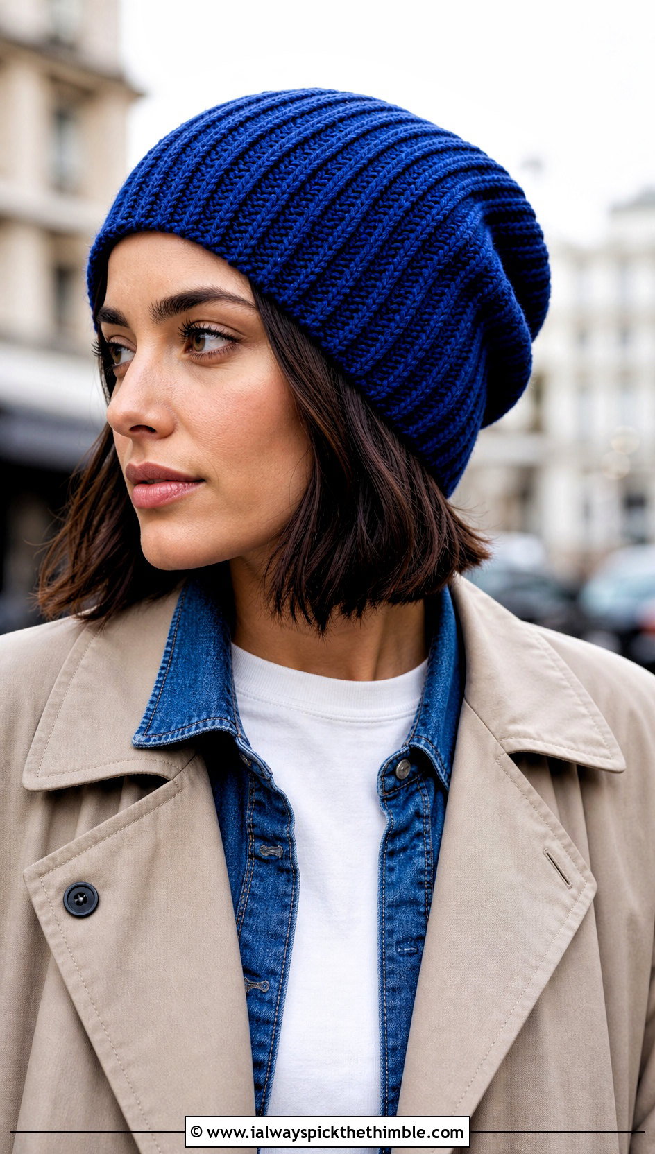 Ribbed Slouch Crochet Hat With Trench Coat And Jeans - 20 slouch crochet hat outfit ideas