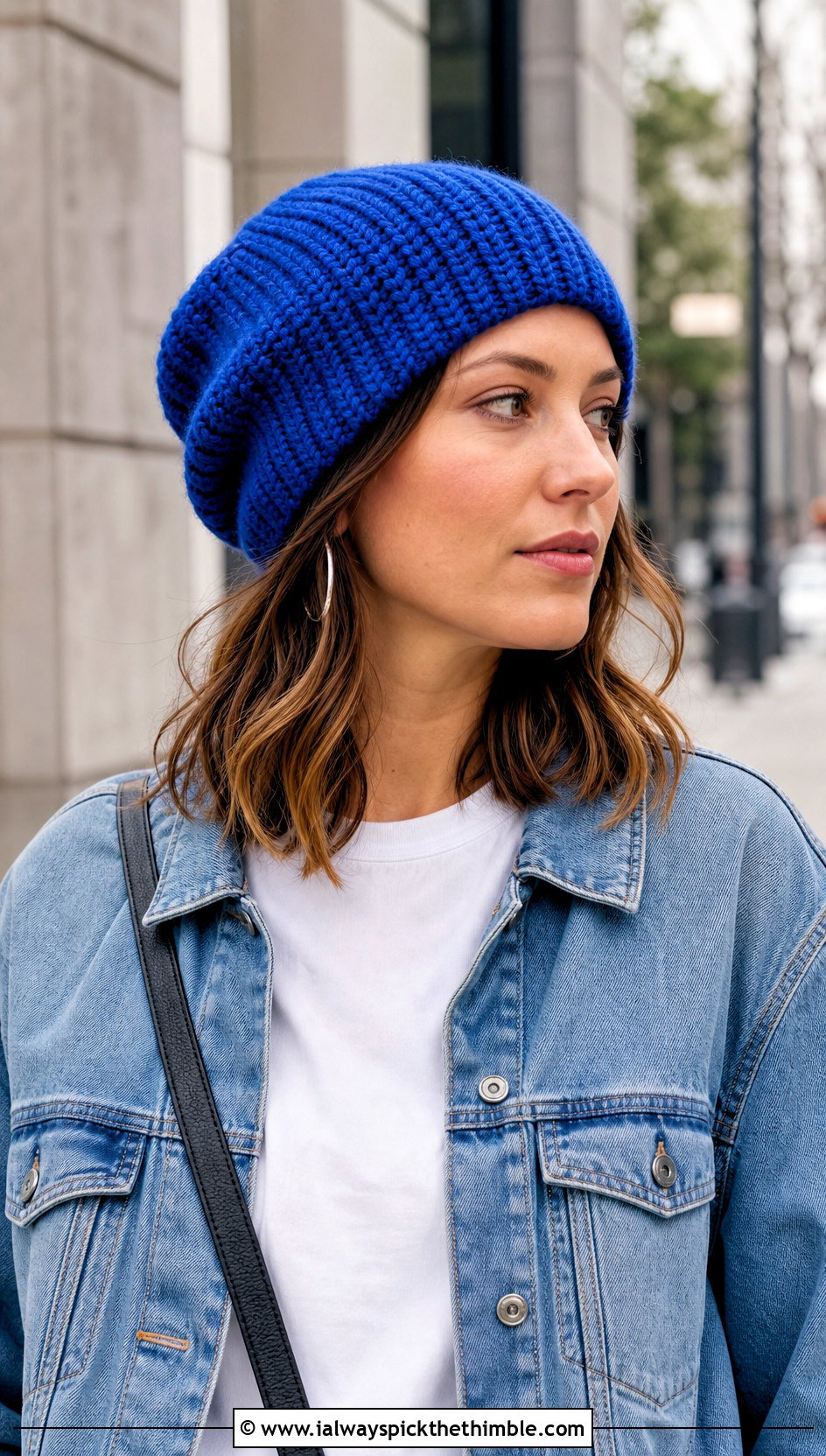 Ribbed Slouchy Crochet Beanie With Denim Jacket - 25 slouchy crochet beanie outfit ideas