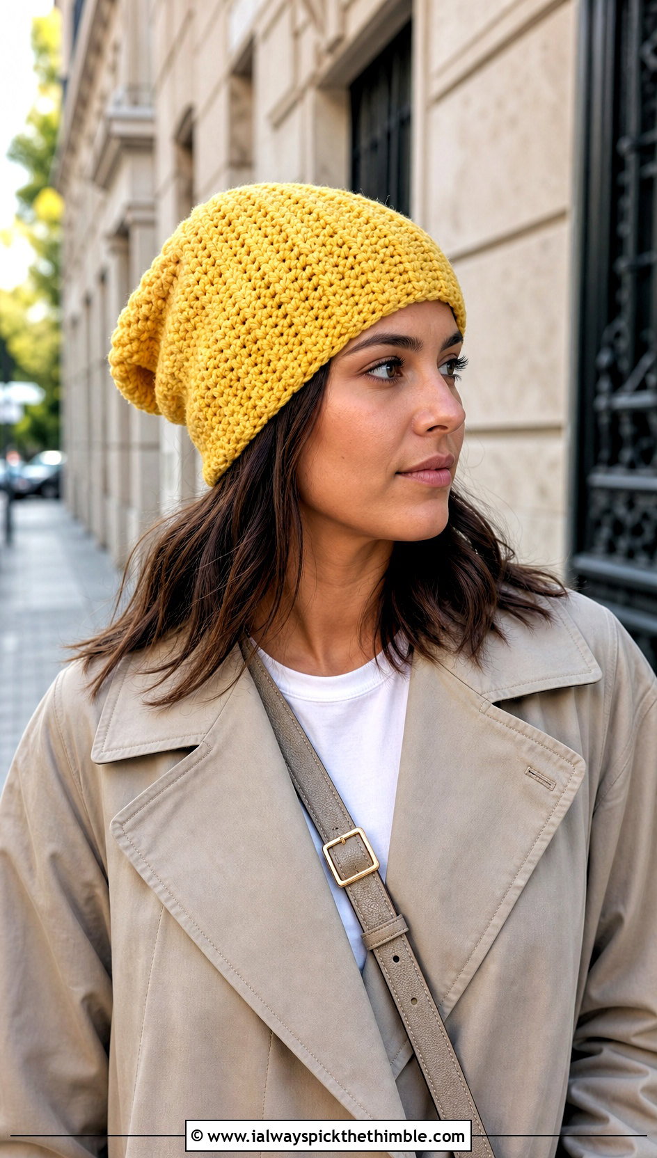 Ribbed Slouchy Crochet Hat With Trench Coat And Jeans - 15 Slouchy Crochet Hat outfit ideas