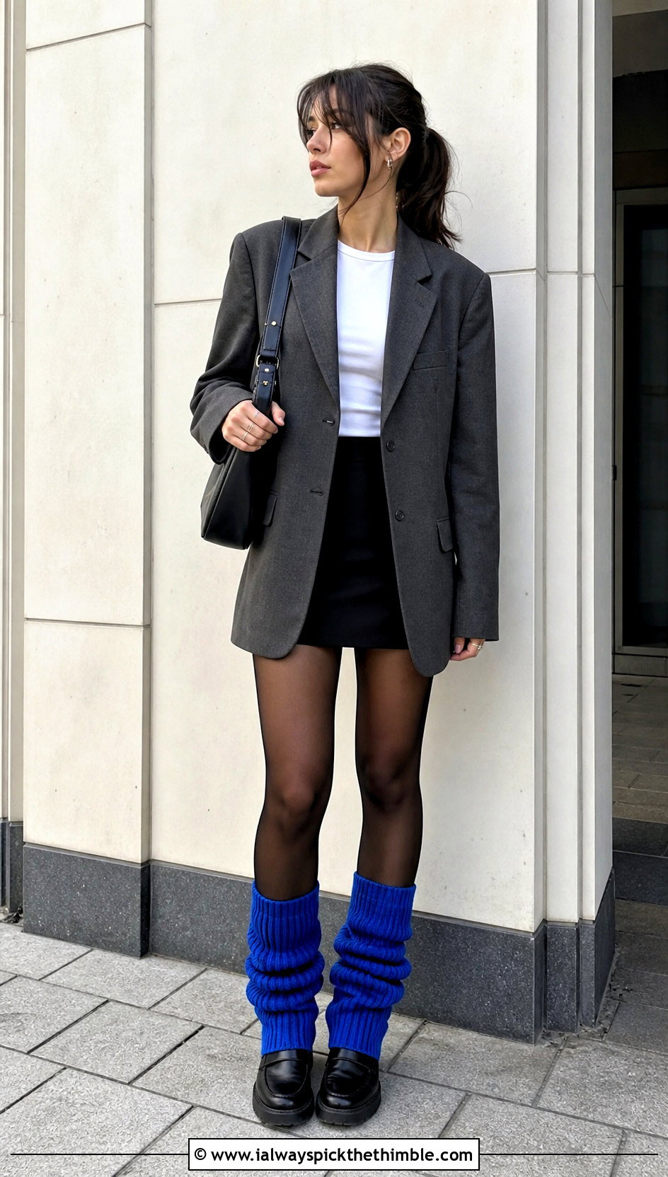 Ribbed Slouchy Crochet Legwarmers With Blazer And Mini Skirt - 25 crochet legwarmers outfit ideas