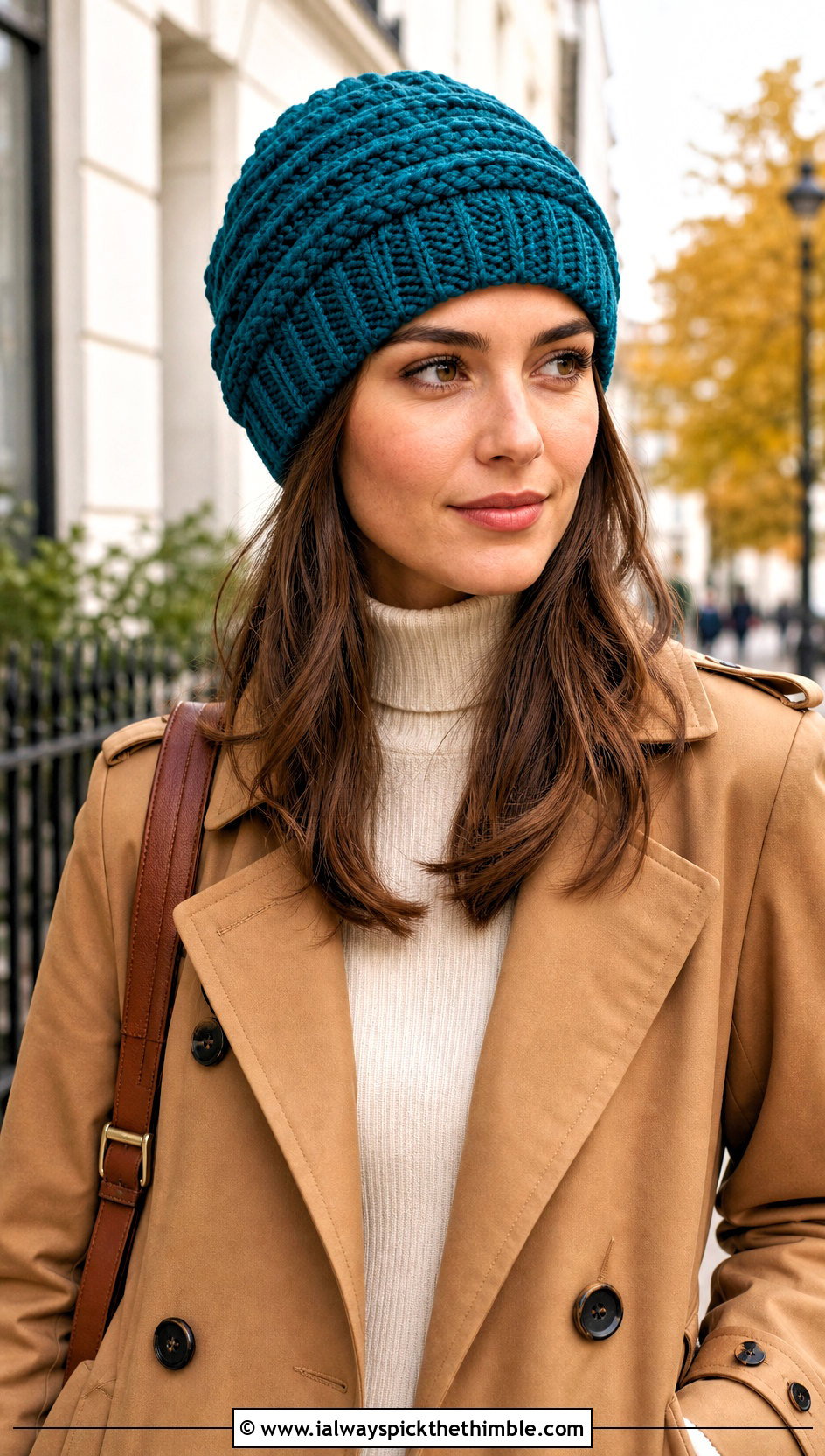 Ribbed Spiral Beanie With Trench Coat And Jeans - 15 crochet vintage swirl hat outfit ideas