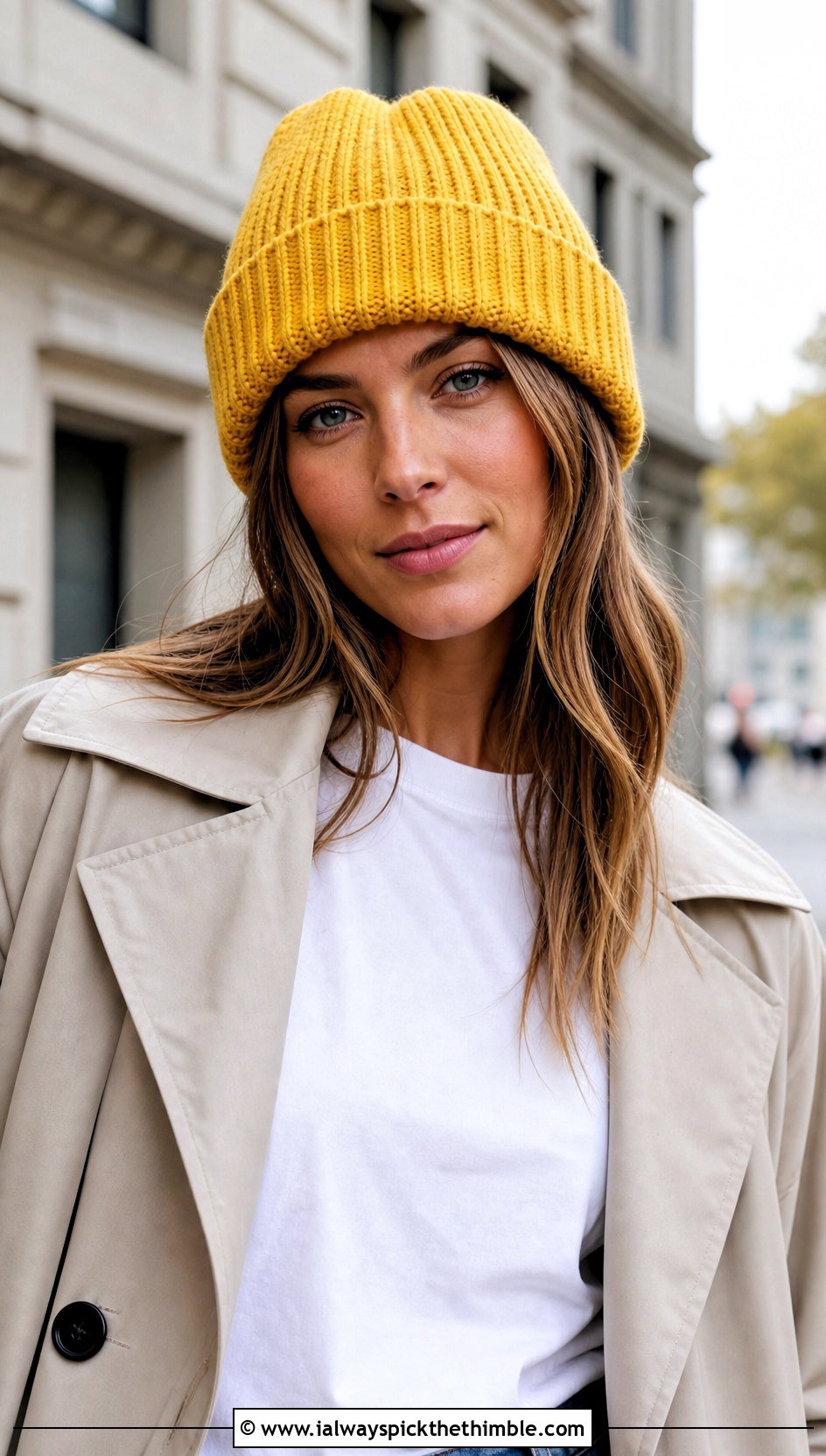 Ribbed Stitch Beanie With Trench Coat And Jeans - 20 crochet stitch hat outfit ideas