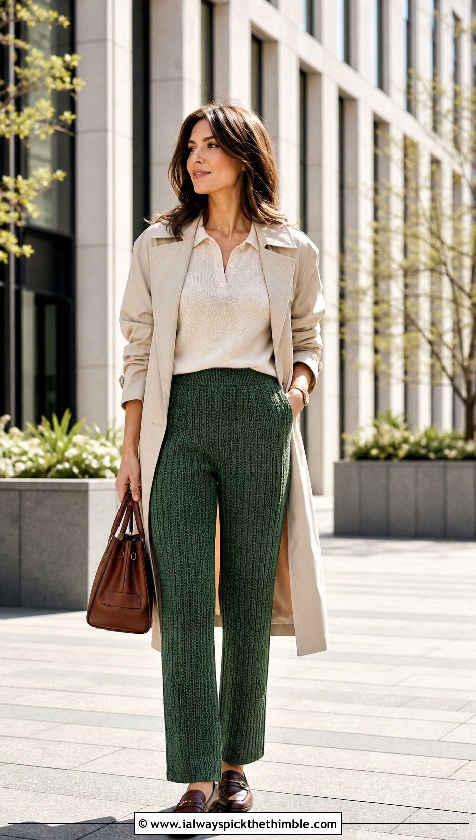 Ribbed Stitch Crochet Pants With Knit Polo - 20 crochet pants women outfit ideas