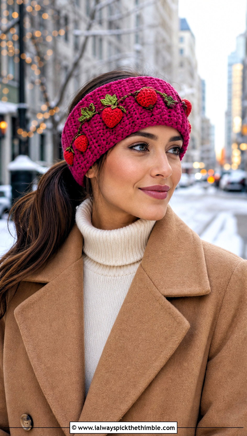 Ribbed Strawberry Ear Warmer With Wool Coat - 25 Crochet Strawberry Headband outfit ideas