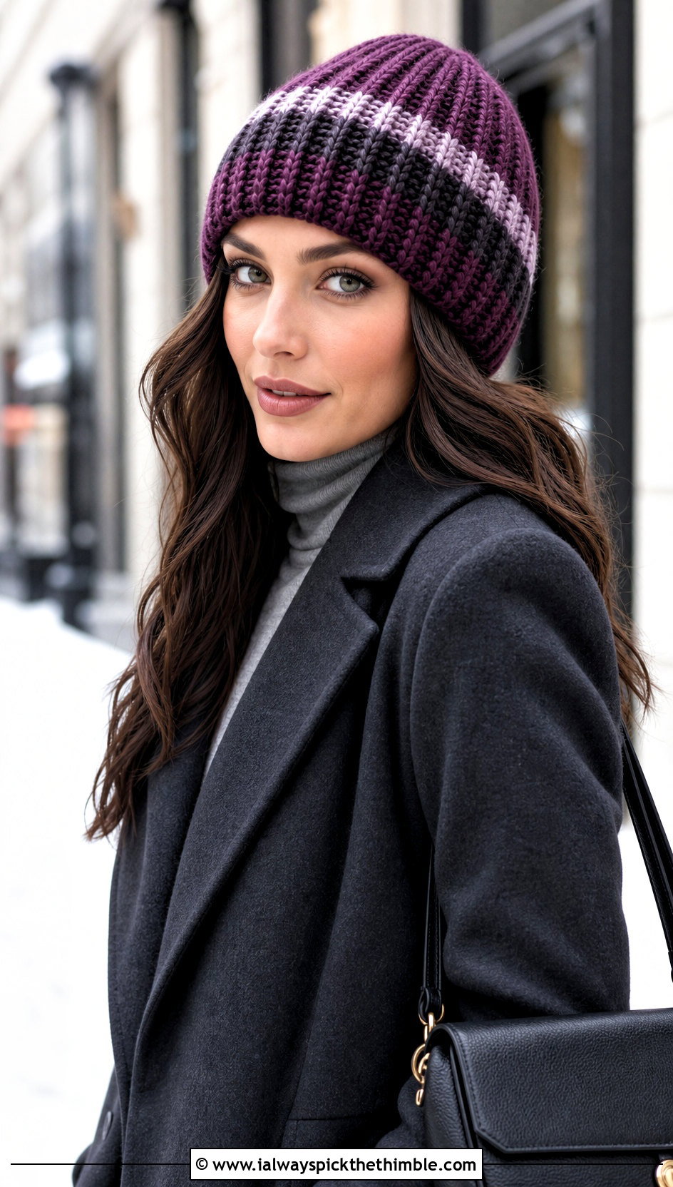 Ribbed Stripe Crochet Beanie With Tailored Coat - 15 crochet hats stripes outfit ideas