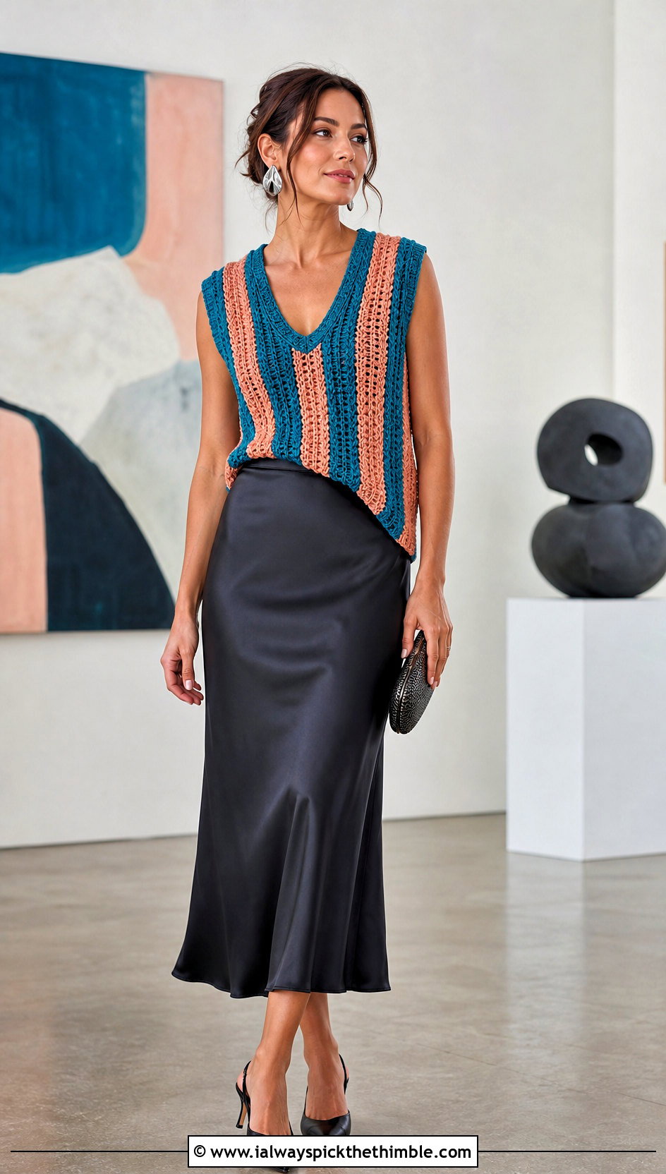 Ribbed Stripe Crochet Vest With Satin Midi Skirt - 20 crochet vest stripes outfit ideas