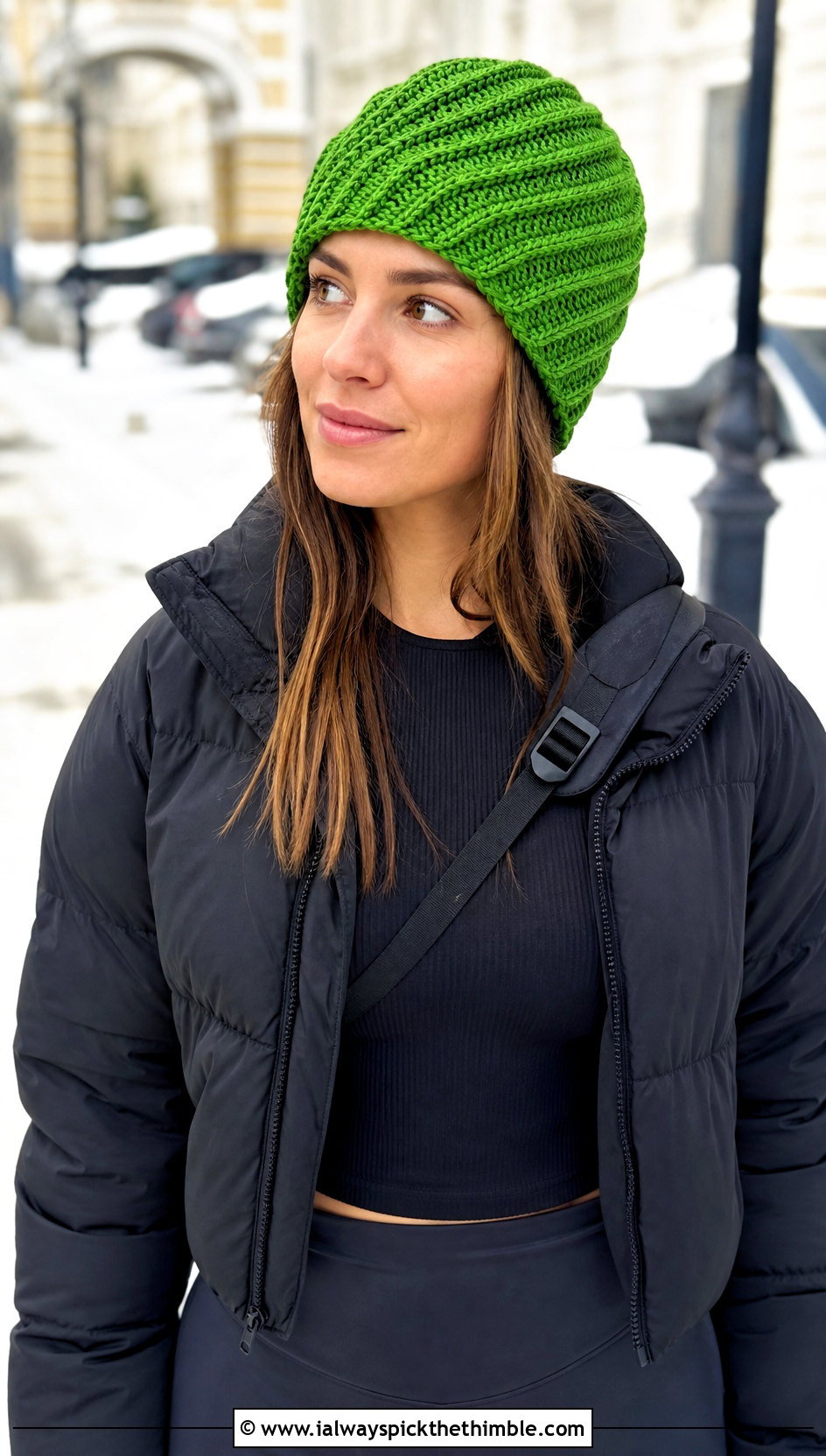 Ribbed Swirl Crochet Beanie With Puffer Jacket - 20 crochet swirl hat outfit ideas