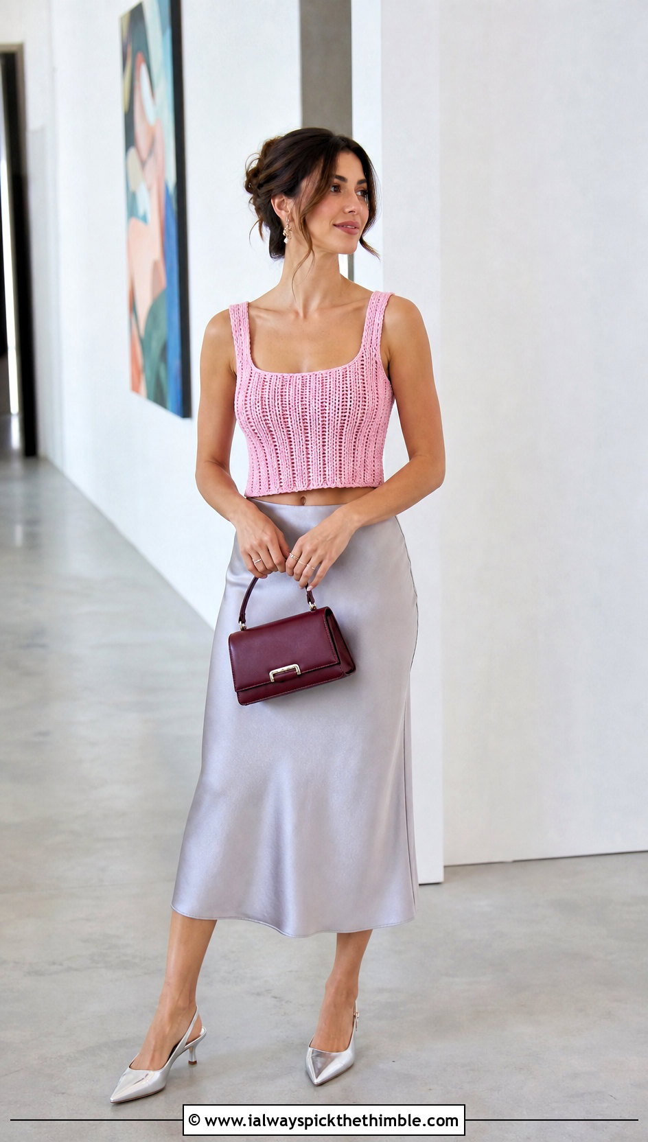 Ribbed Tank Crochet Crop Top With Satin Midi Skirt - 20 cute crochet crop top outfit ideas