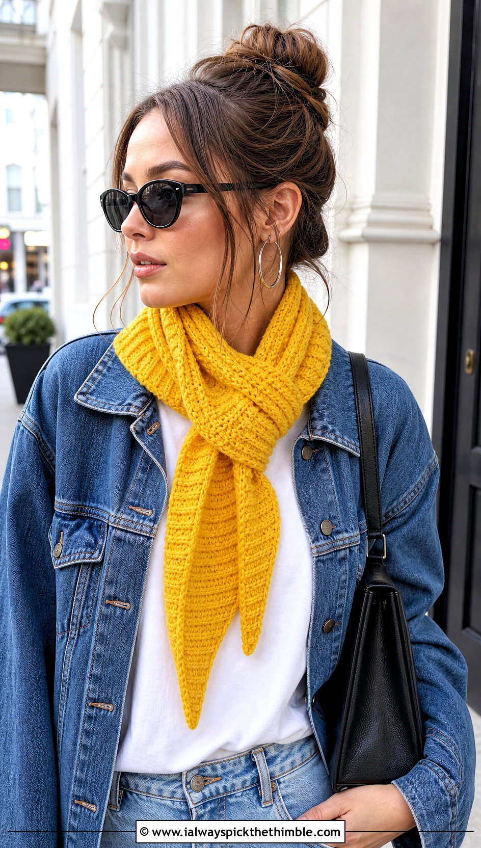Ribbed Tapered Crochet Scarf With White T Shirt And Jeans - 20 Tiny Crochet Scarf outfit ideas