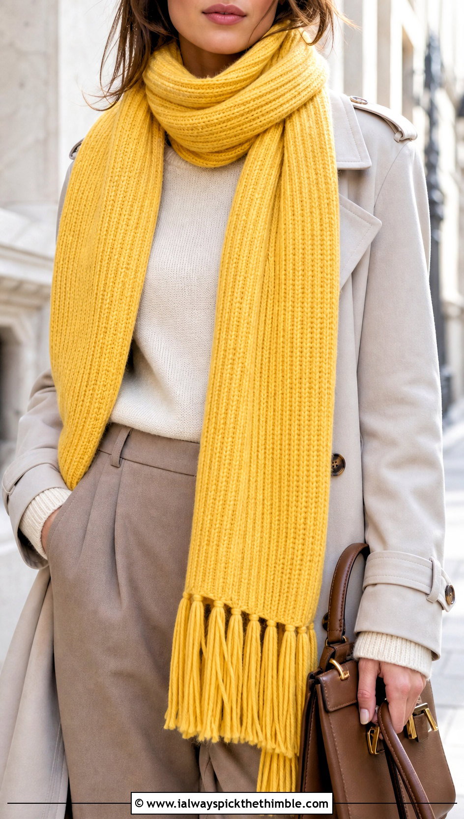 Ribbed Tassel Crochet Cashmere Scarf With Trench Coat - 20 crochet cashmere scarf outfit ideas