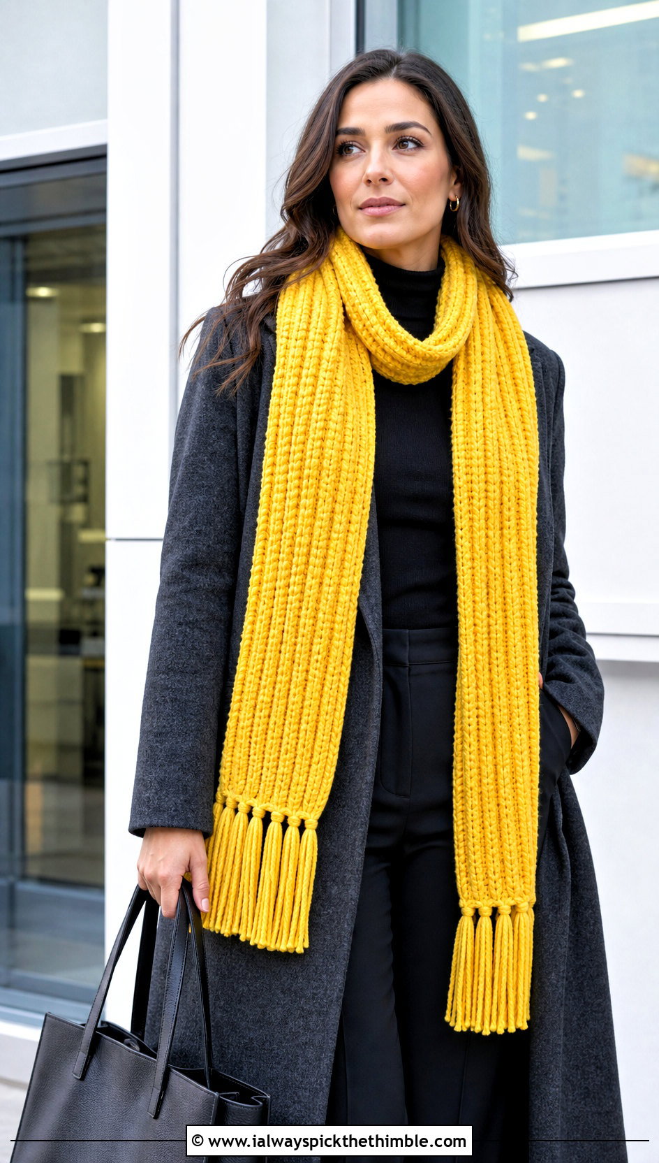 Ribbed Tassel Crochet Chenille Scarf With Wool Coat - 20 crochet chenille scarf outfit ideas