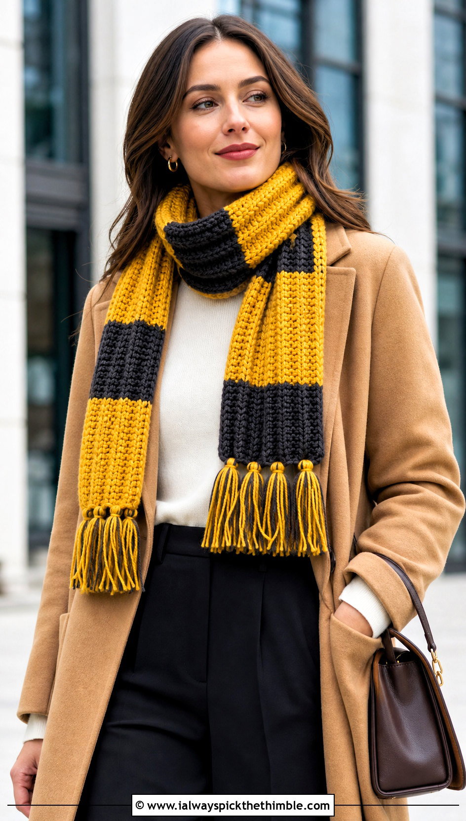 Ribbed Tassel Crochet Hufflepuff Scarf With Camel Coat - 20 crochet hufflepuff scarf outfit ideas