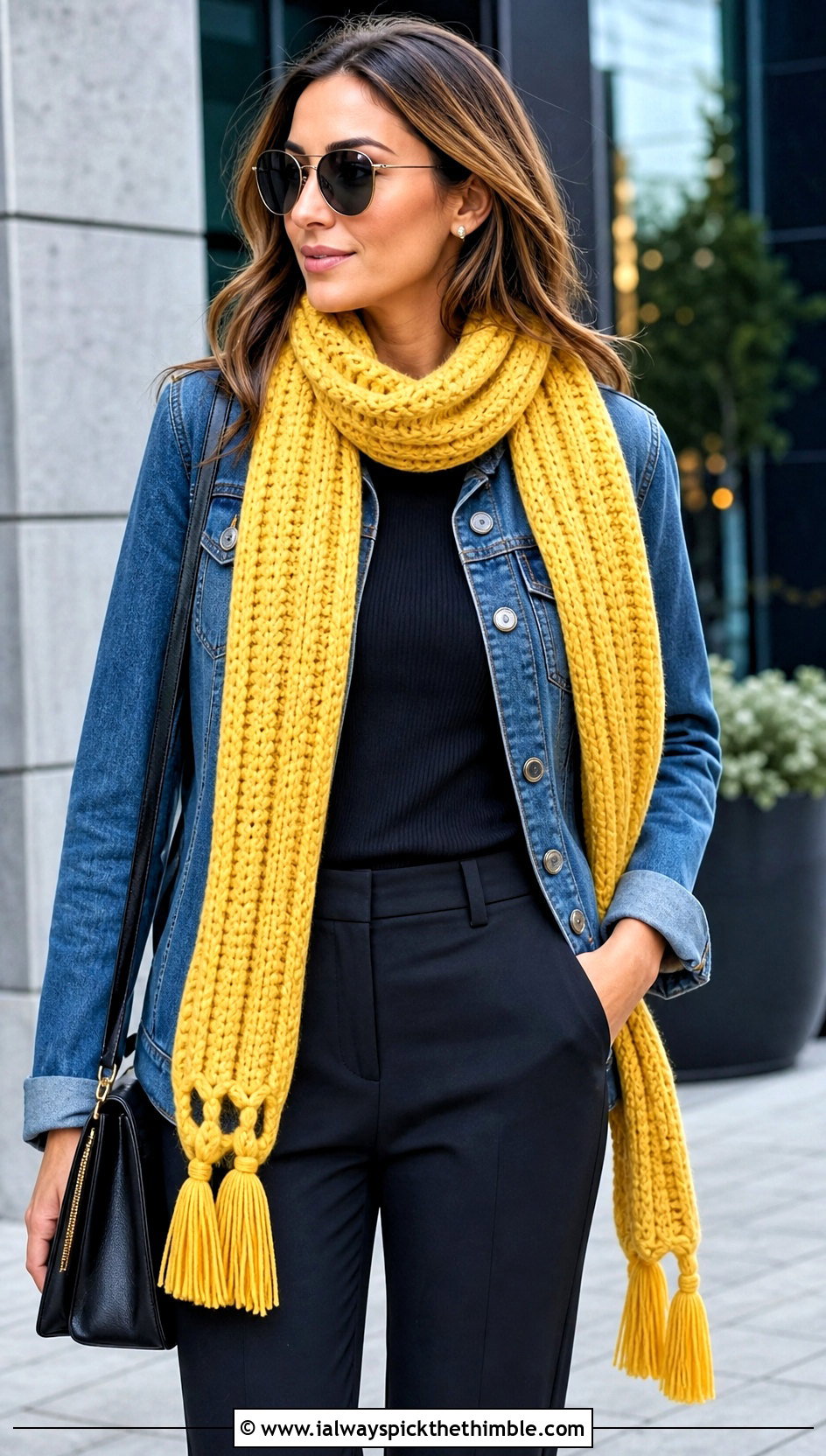 Ribbed Tassel Crochet Scarf With Denim Jacket - 20 denim and crochet scarf outfit ideas
