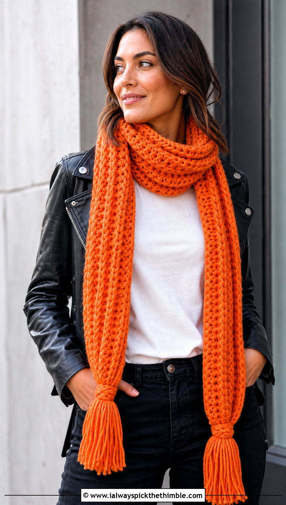 Ribbed Tassel Crochet Scarf With Leather Jacket - 20 pretty crochet scarf outfit ideas