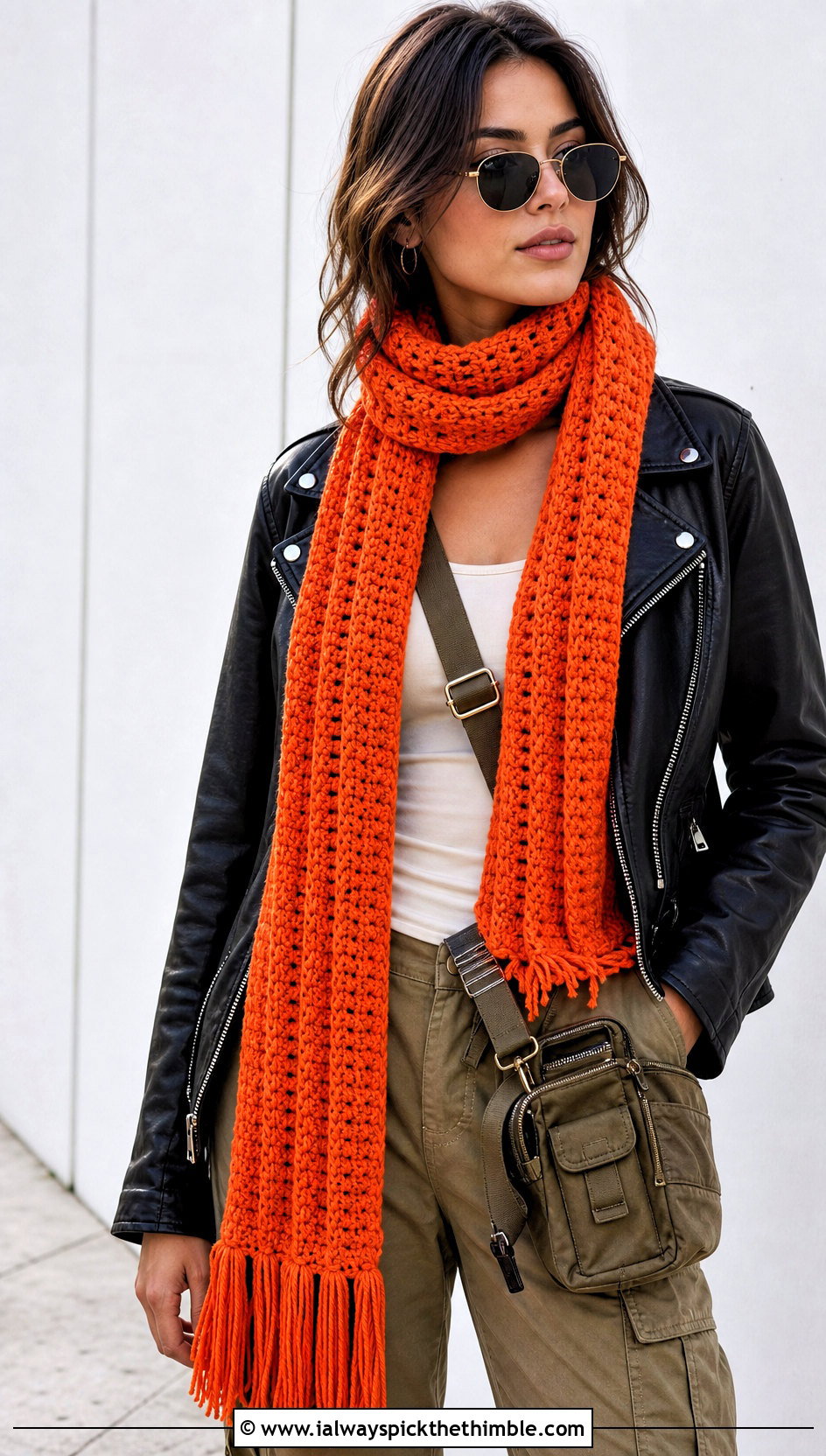 Ribbed Tassel Crochet Scarf With Leather Jacket And Cargo Pants - 20 one row repeat crochet scarf outfit ideas