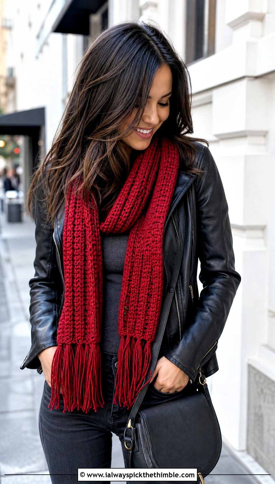 Ribbed Tassel Crochet Scarf With Leather Jacket - 20 boho crochet scarf outfit ideas