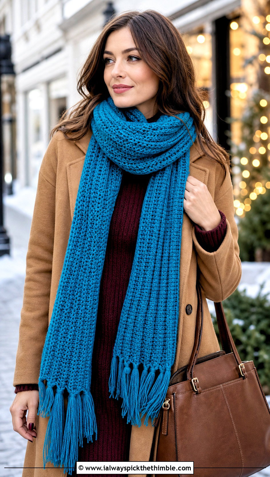 Ribbed Tassel Crochet Scarf With Sweater Dress - 25 Winter Crochet Scarf outfit ideas