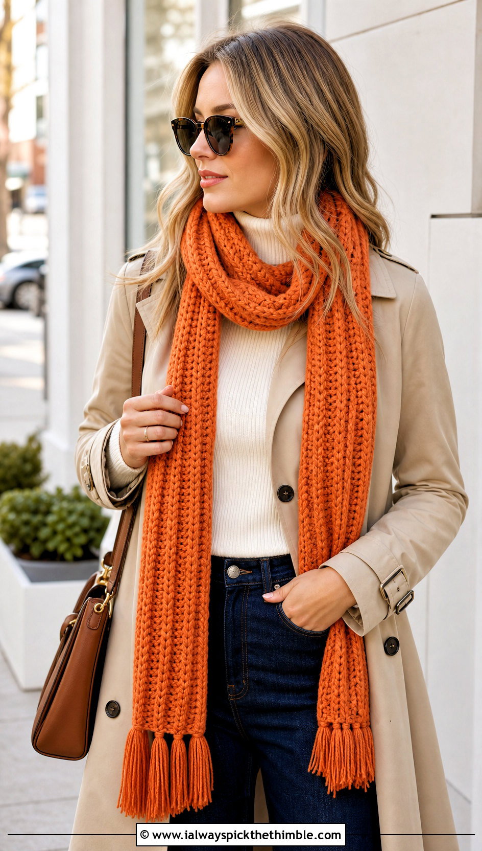 Ribbed Tassel Crochet Scarf With Trench Coat - 20 easy crochet scarfs outfit ideas