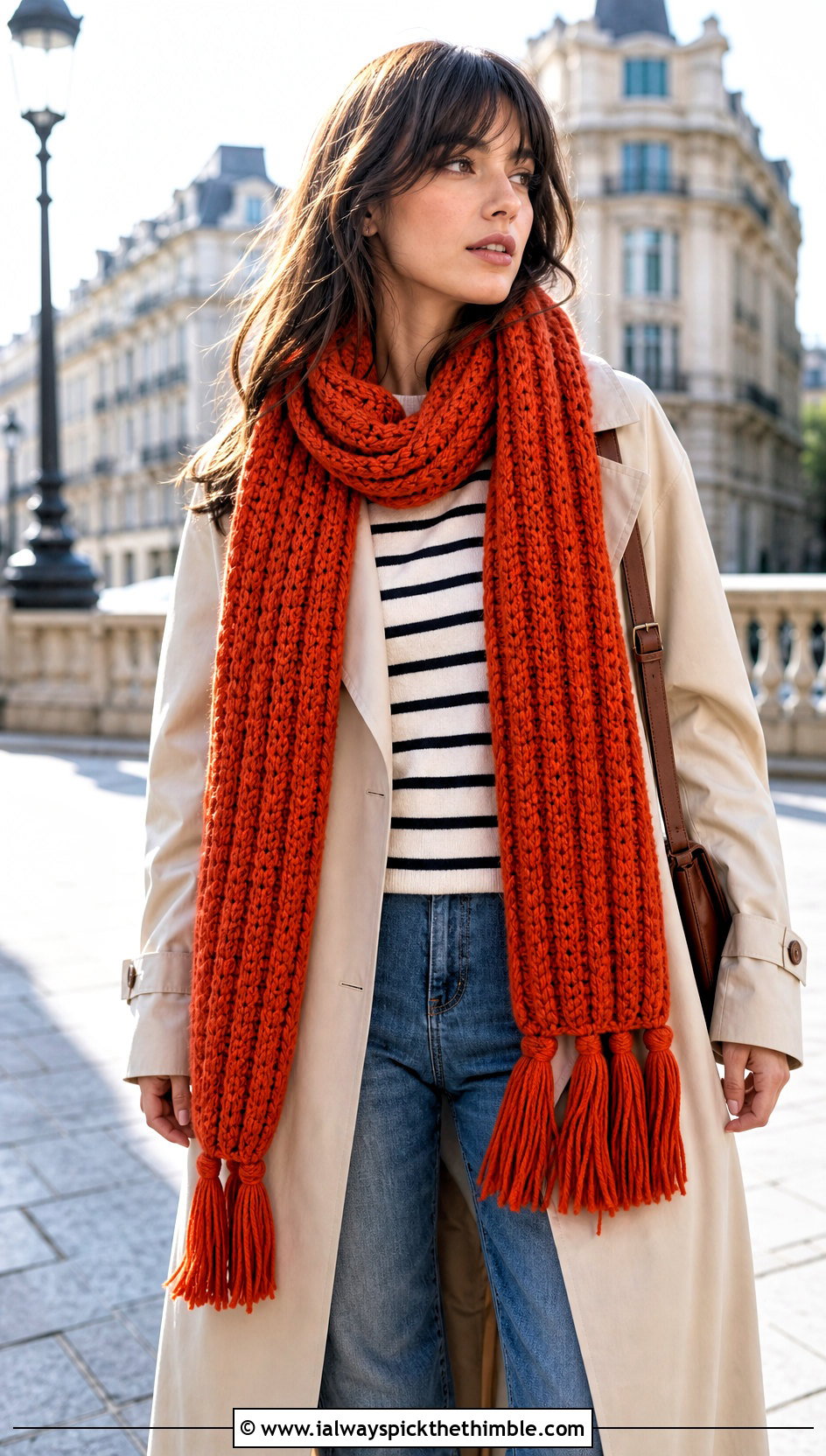 Ribbed Tassel Crochet Scarf With Trench Coat - 20 wanderlust crochet scarf outfit ideas