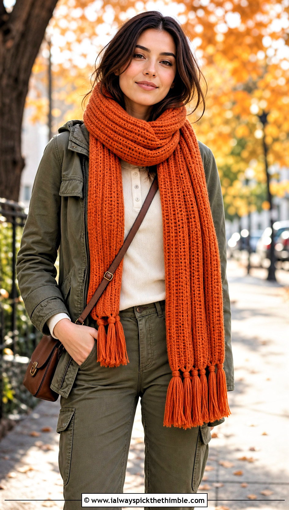 Ribbed Tassel Crochet Scarf With Utility Jacket and Cargo Pants - 25 fall crochet scarf outfit ideas