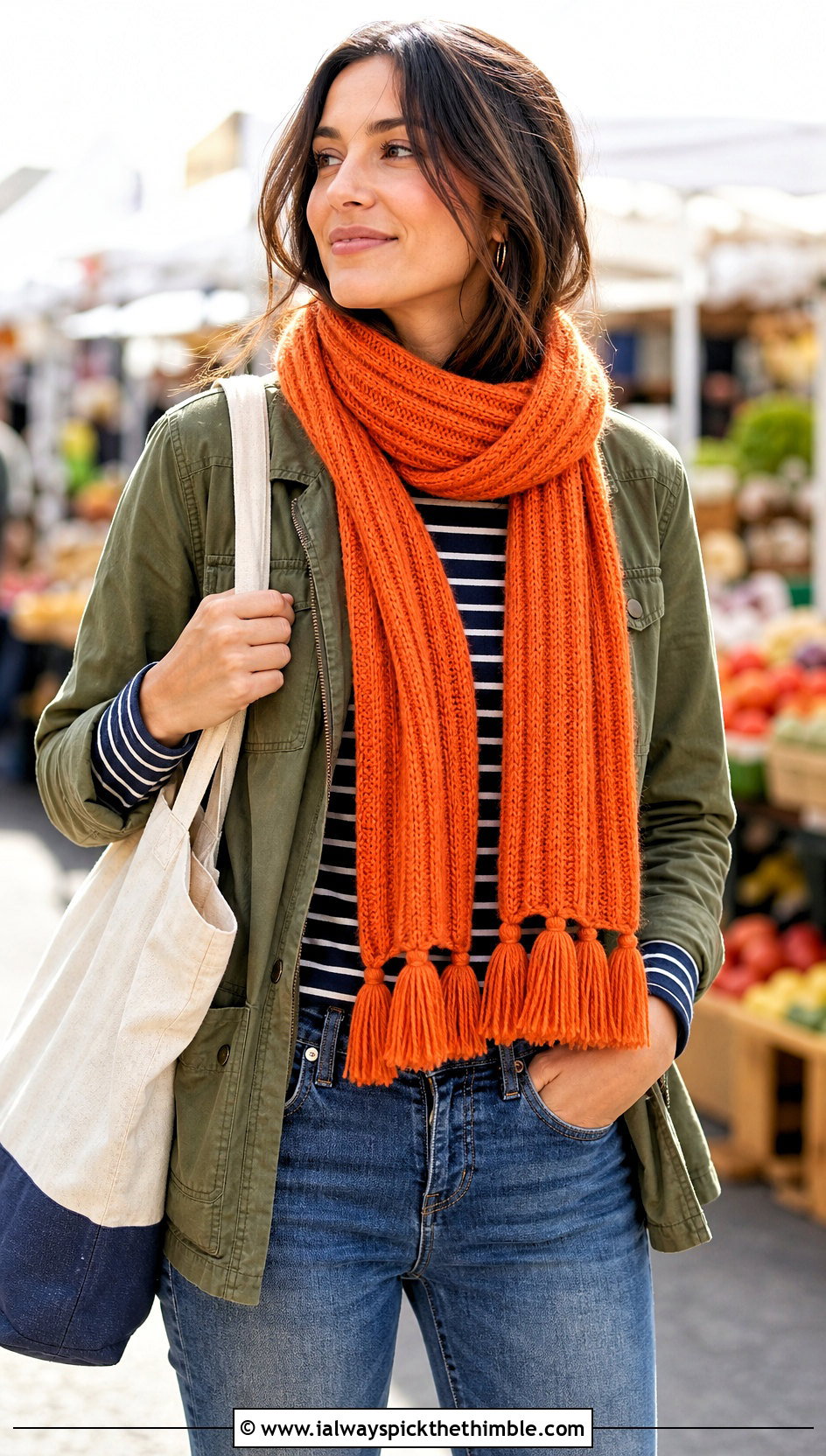 Ribbed Tassel Crochet Scarf With Utility Jacket - 20 Multifunctional Crochet Scarf outfit ideas