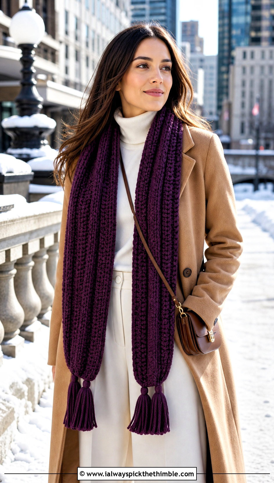Ribbed Tassel Crochet Scarf With Wool Coat - 20 crochet for scarfs outfit ideas