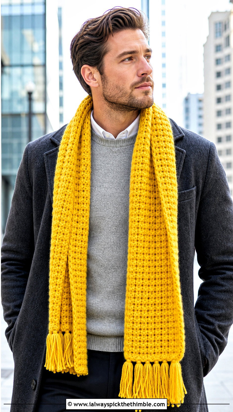 Ribbed Tassel Crochet Scarf With Wool Overcoat - 25 crochet scarf for men outfit ideas