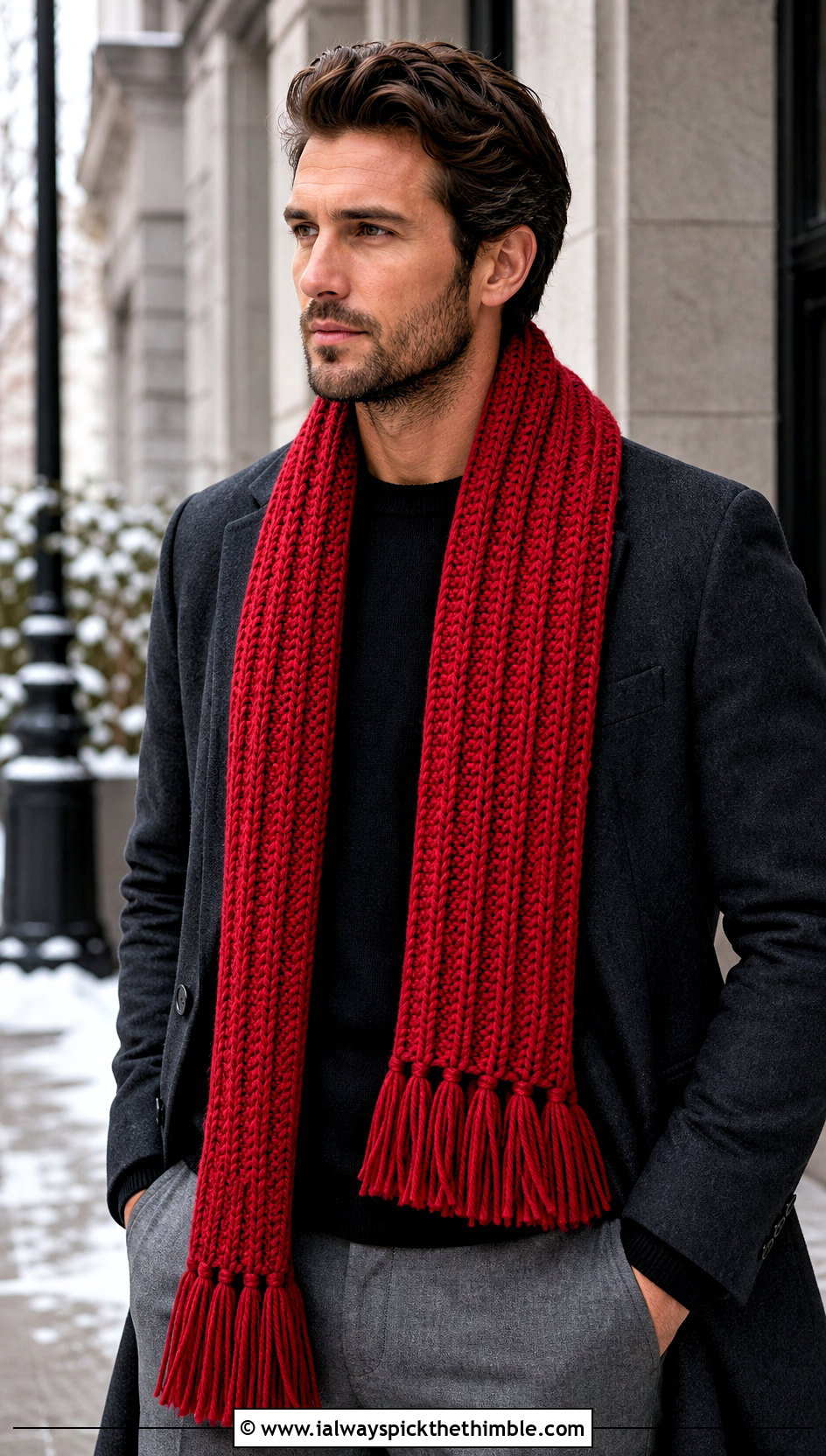 Ribbed Tassel Crochet Scarf With Wool Overcoat - 20 male crochet scarf outfit ideas