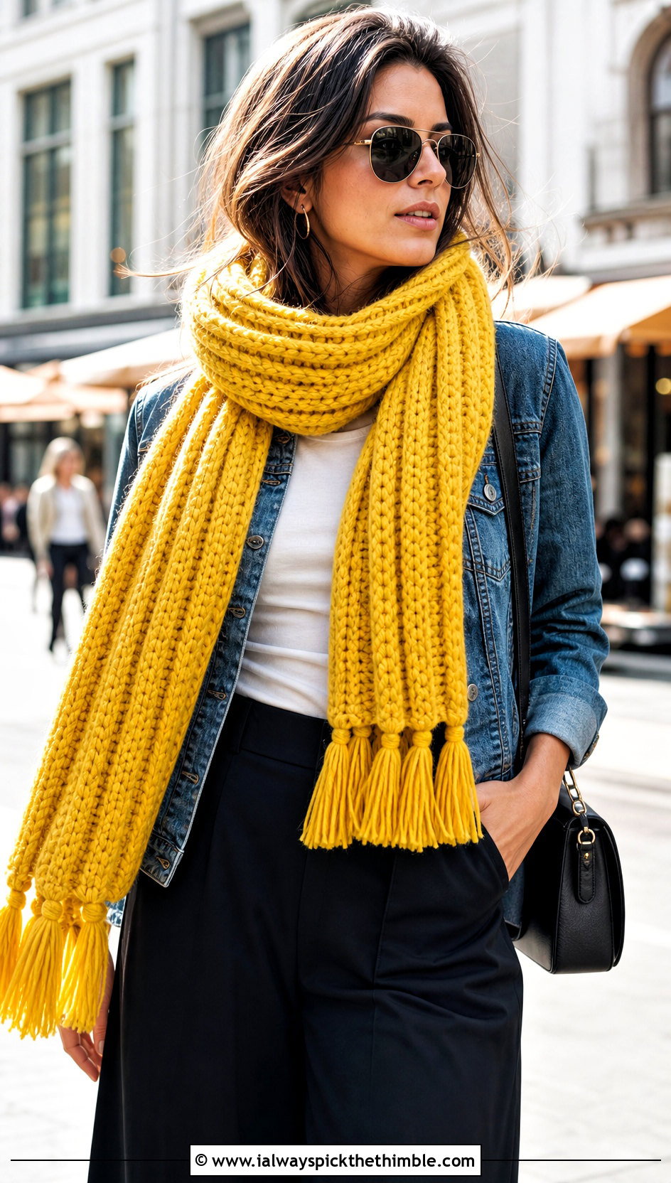 Ribbed Tassel Crochet Textured Scarf With Denim Jacket - 20 Crochet Textured Scarf outfit ideas