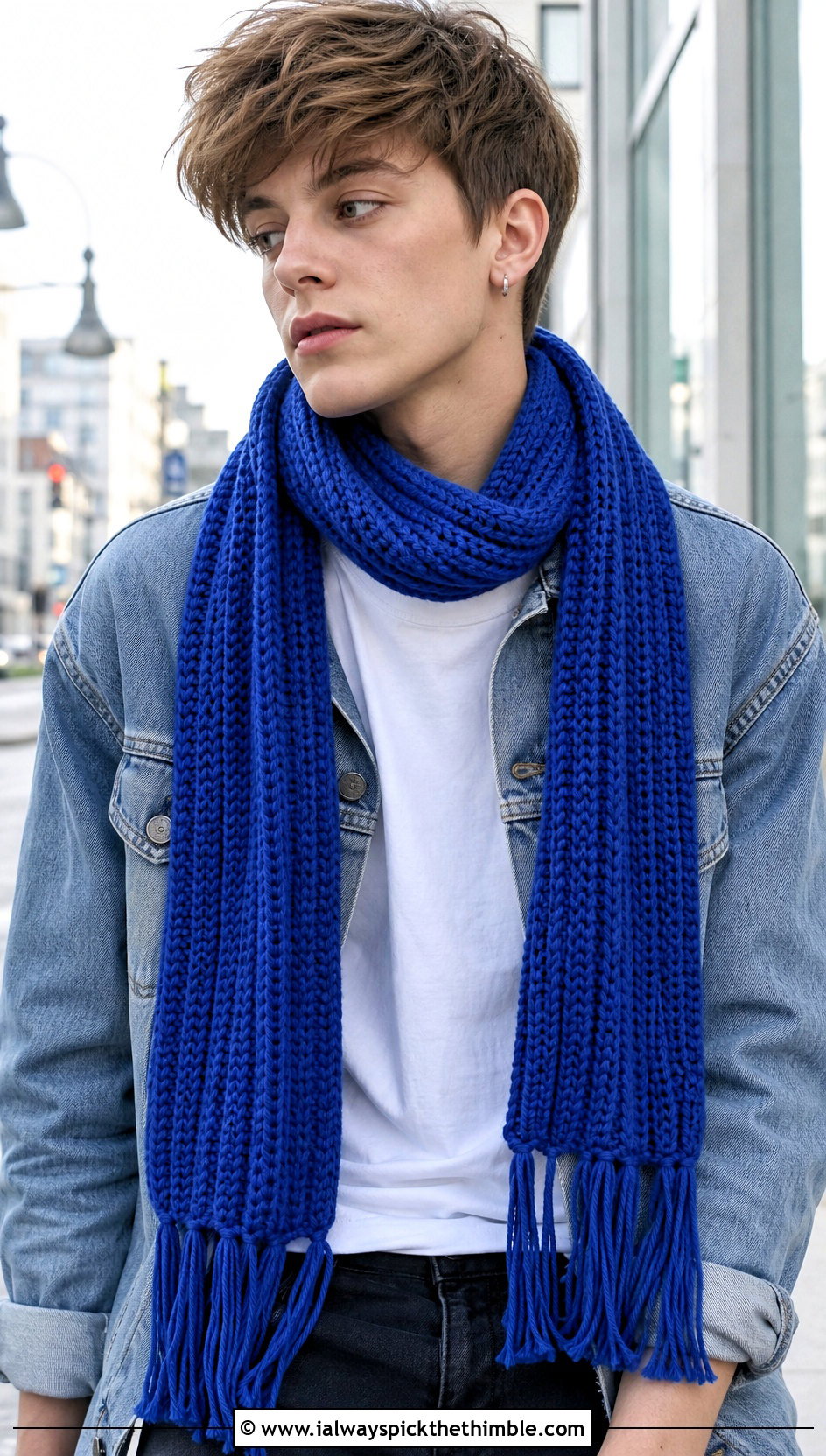 Ribbed Tassel Crochet Unisex Scarf With Denim Jacket - 15 Crochet Unisex Scarf outfit ideas