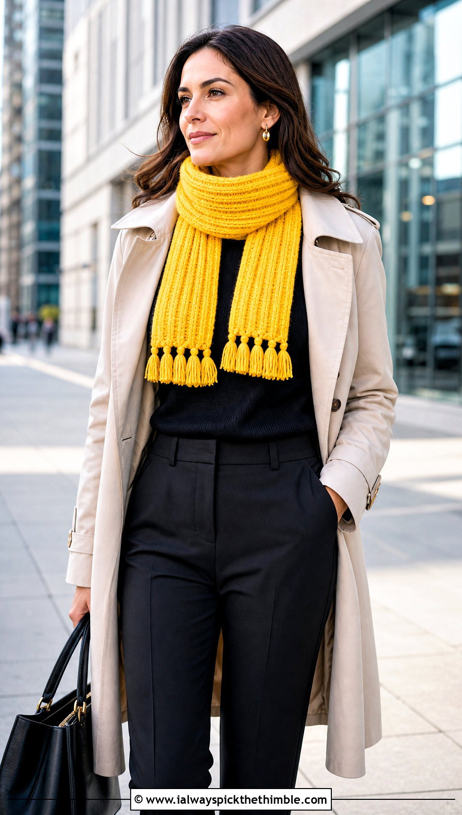 Ribbed Tassel Crochet Wide Scarf With Trench Coat - 20 Crochet Wide Scarf outfit ideas
