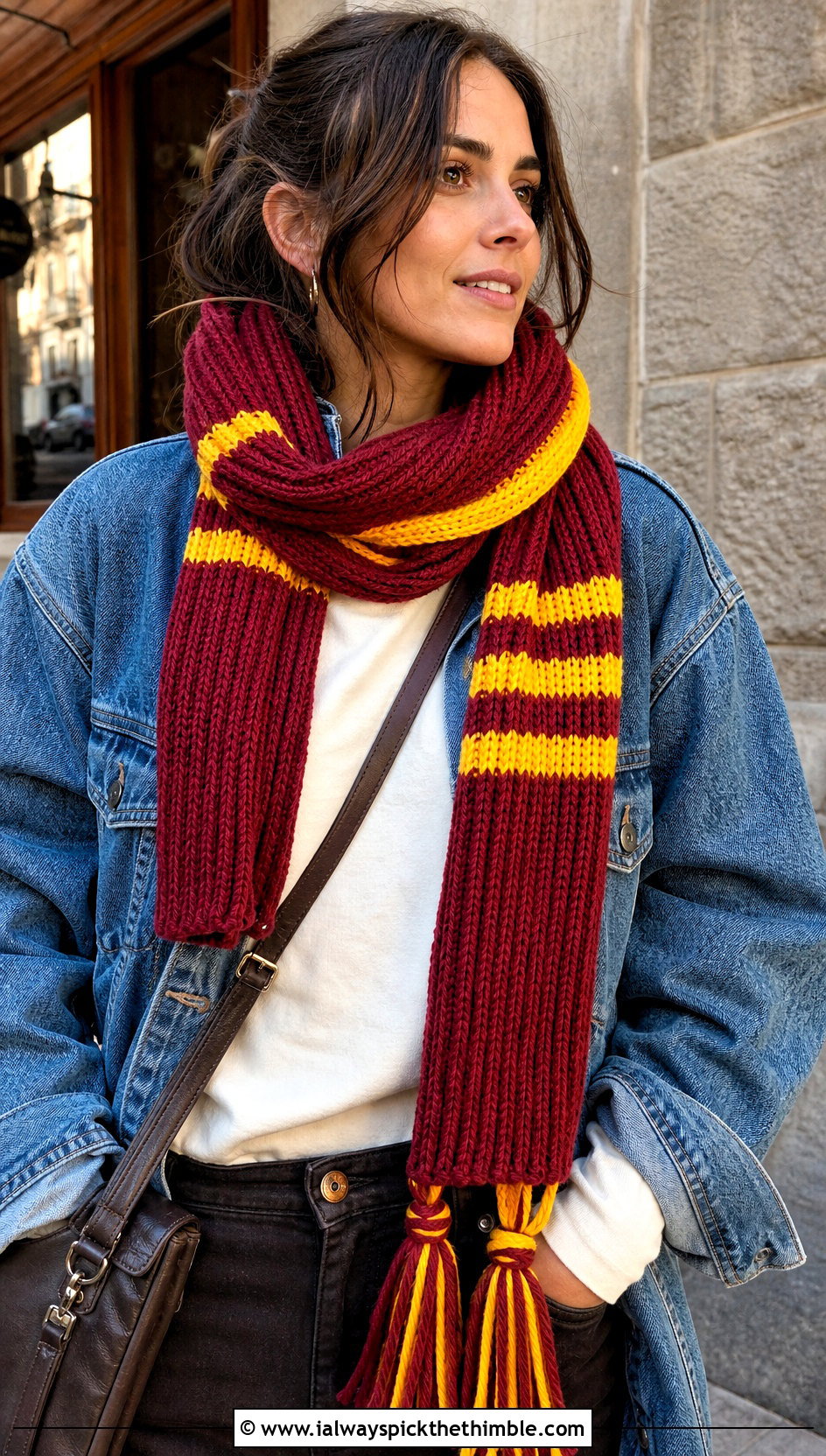 Ribbed Tassel Gryffindor Crochet Scarf With Denim Jacket - 20 gryffindor crochet scarf outfit ideas