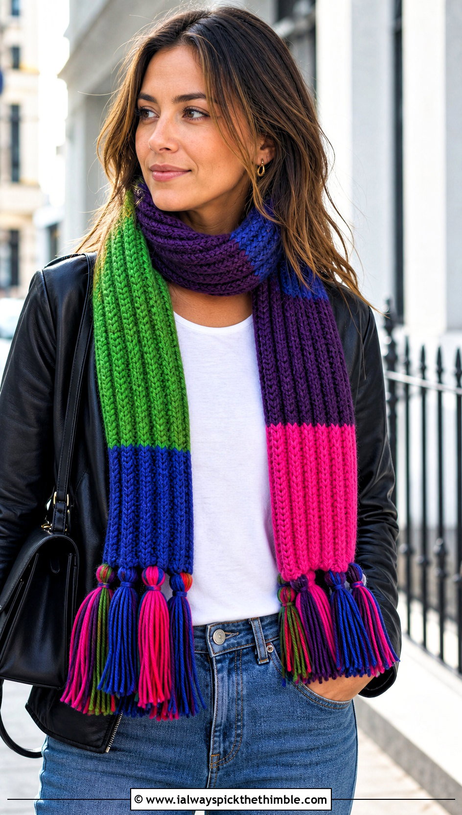 Ribbed Tassel Mood Scarf With Leather Jacket - 15 Crochet Mood Scarf outfit ideas