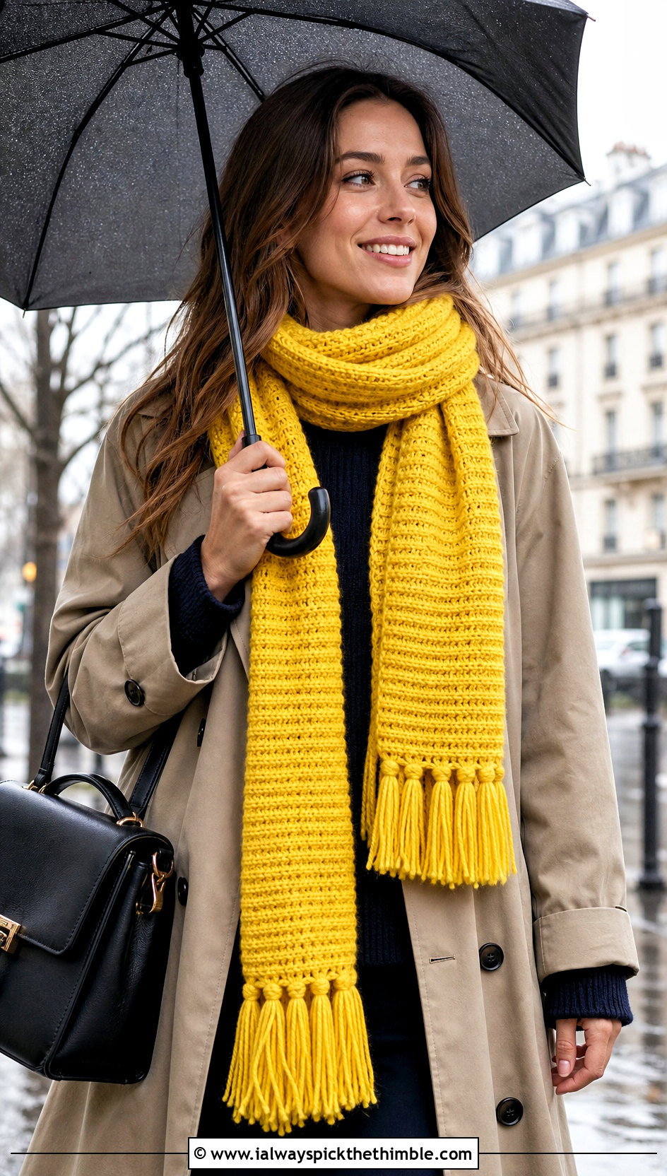 Ribbed Tassel Natsu Scarf With Trench Coat - 15 Crochet Natsu Scarf outfit ideas