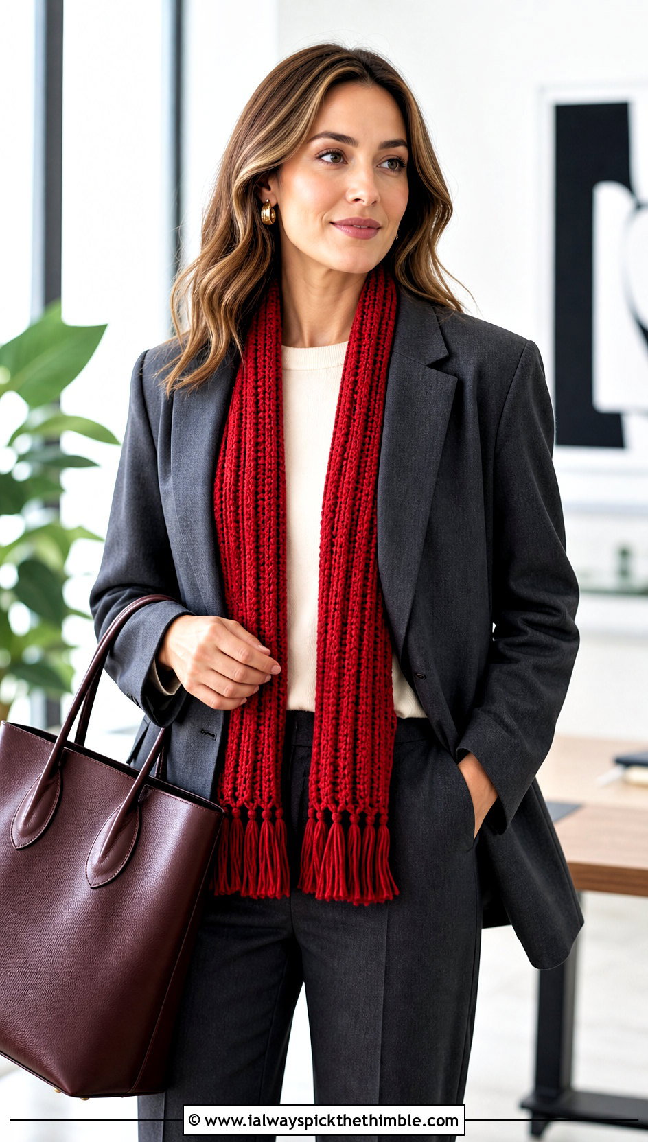 Ribbed Tassel Red Crochet Scarf With Pantsuit - 20 taylor swift red crochet scarf outfit ideas