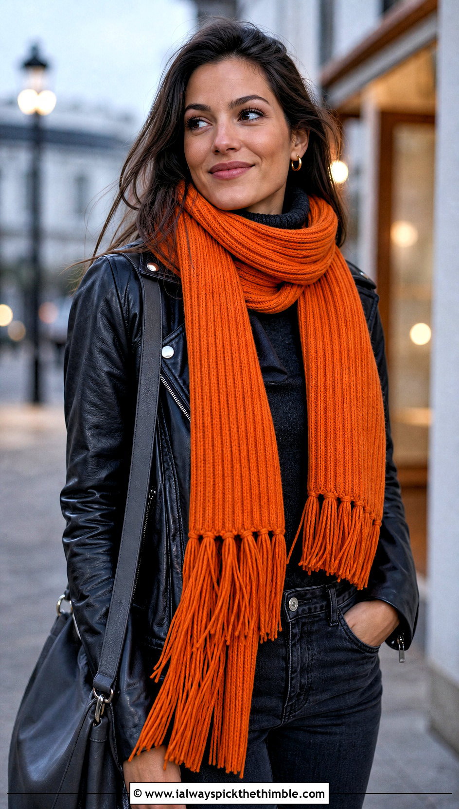 Ribbed Tassel Scarf With Leather Jacket - 20 Beginner Crochet Projects Scarf outfit ideas