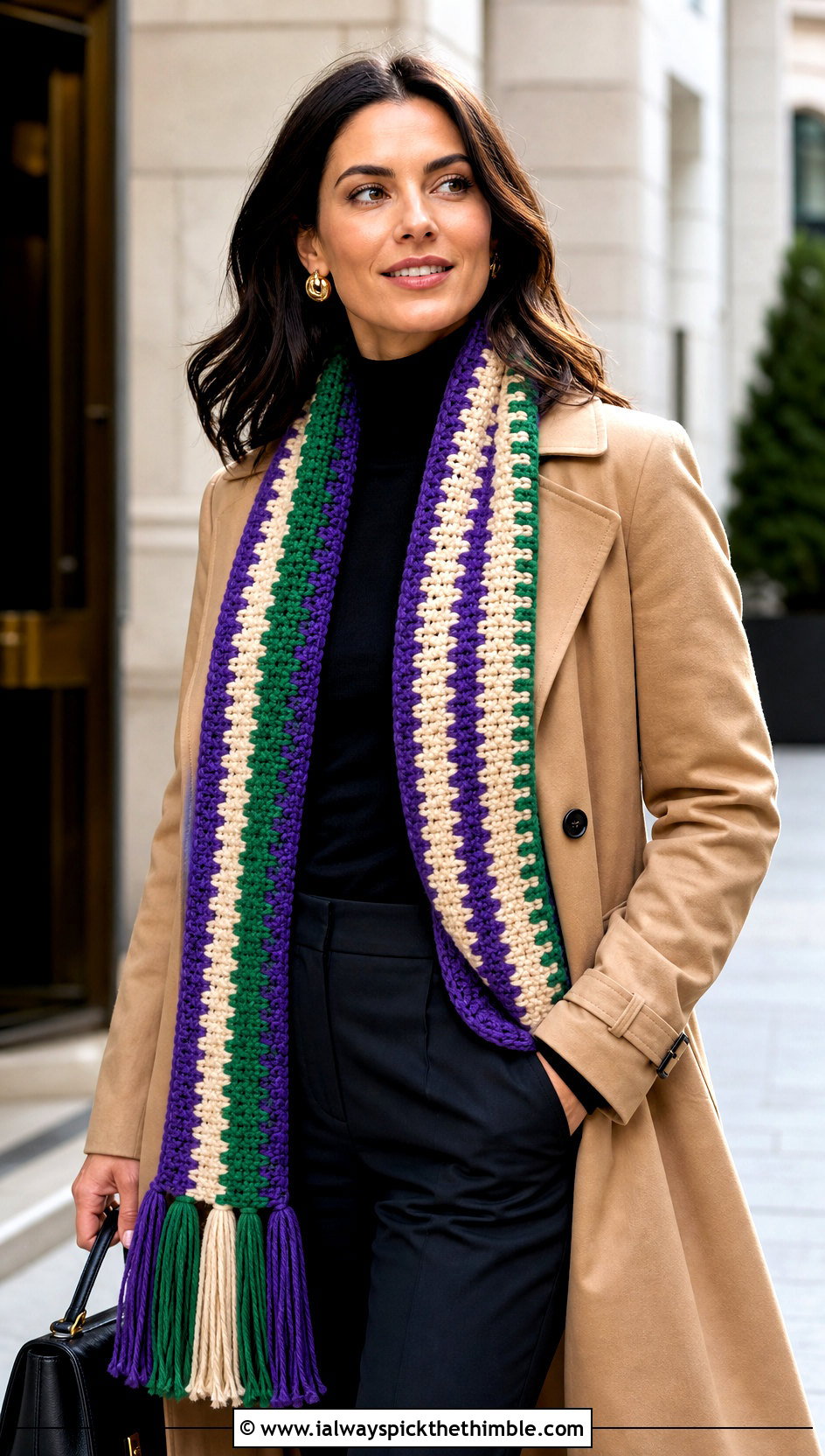 Ribbed Tassel Stripe Crochet Scarf With Trench Coat - 20 Stripe Crochet Scarf outfit ideas