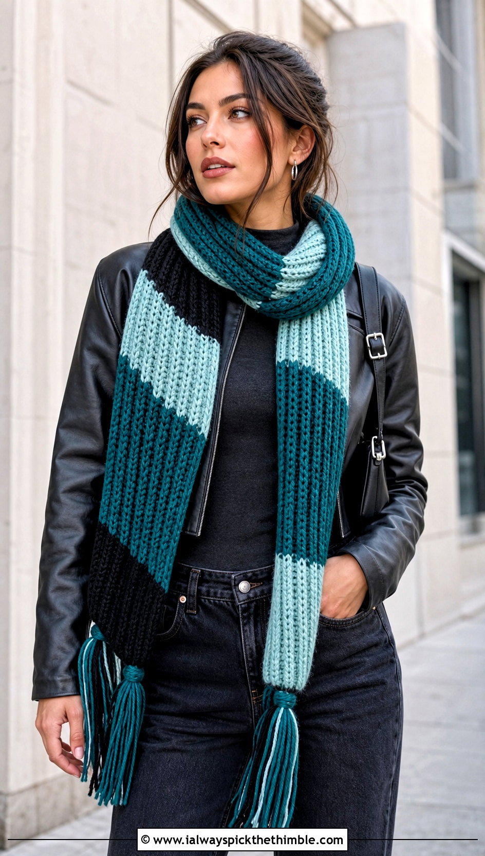 Ribbed Tassel Striped Crochet Scarf With Leather Jacket - 20 crochet striped scarf outfit ideas