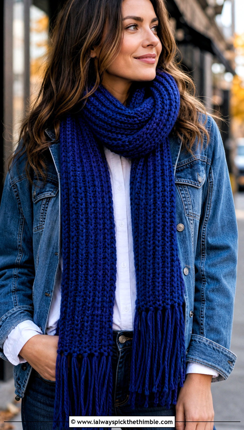 Ribbed Tassel Wool Ease Crochet Scarf With Denim Jacket - 15 wool ease crochet scarf outfit ideas