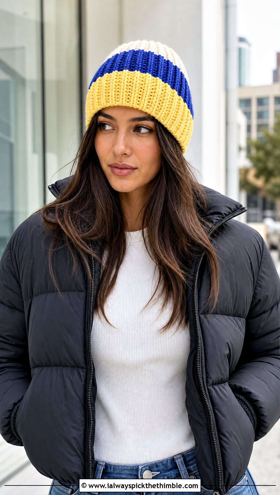 Ribbed Three Section Color Block Crochet Beanie With Puffer Coat And Jeans - 20 Color Block Crochet Beanie outfit ideas