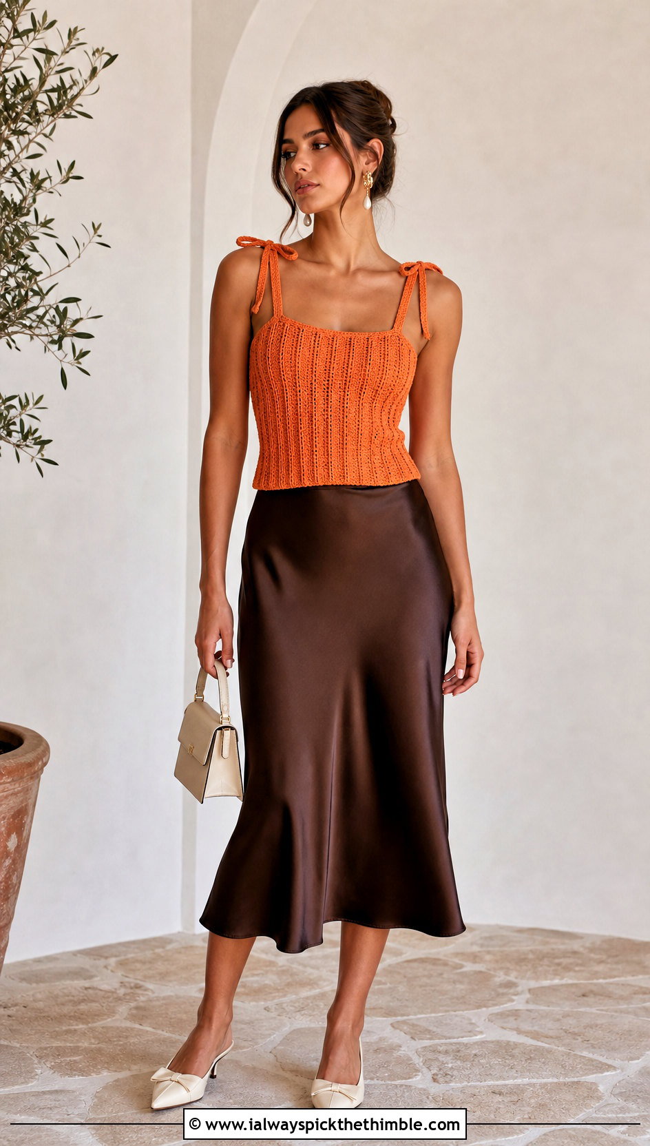 Ribbed Tie Strap Crochet Top With Satin Midi Skirt - 15 crochet strappy top outfit ideas