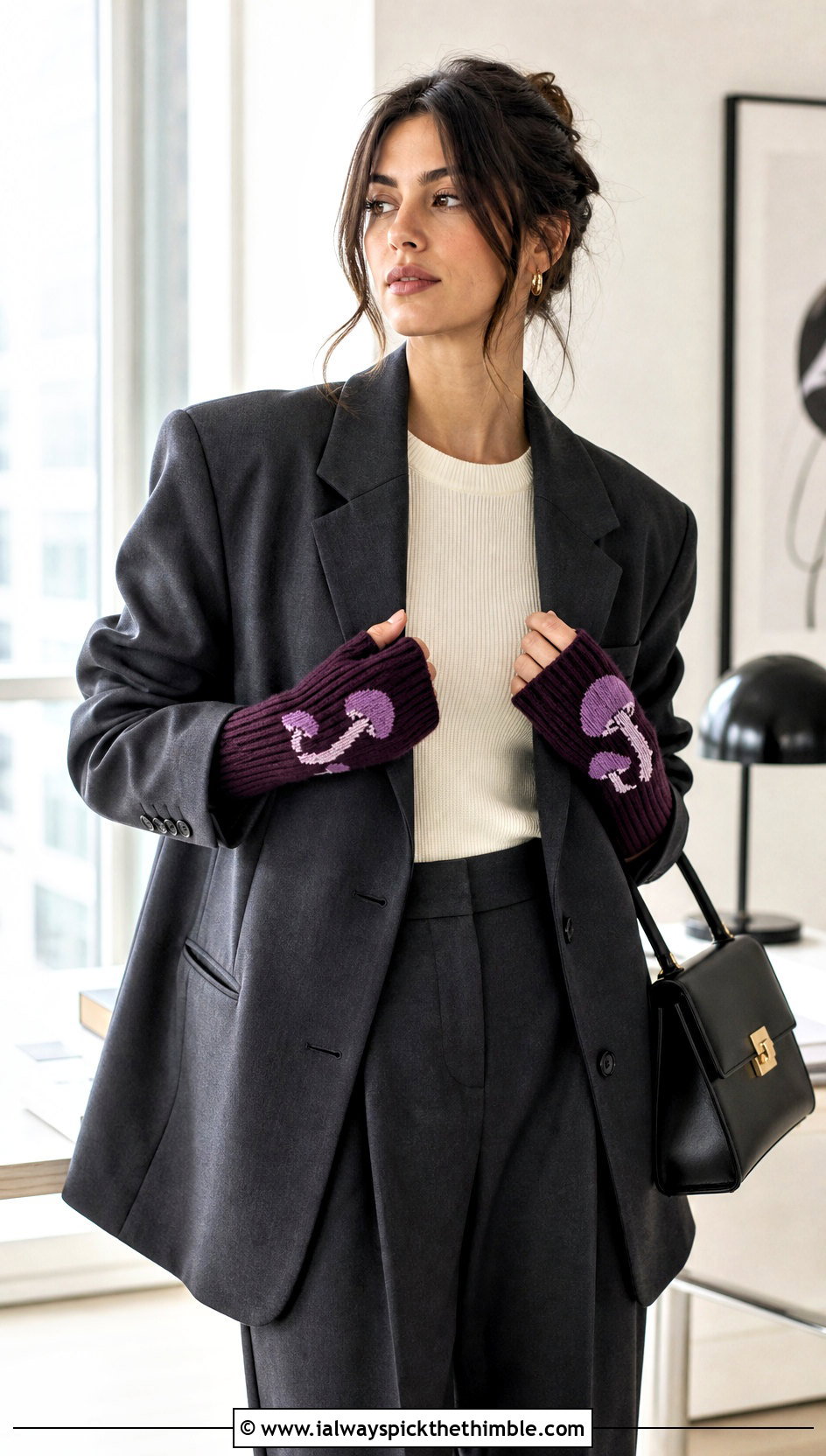 Ribbed Toadstool Hand Warmers With Blazer And Wide Leg Pants - 20 Crochet Mushroom Gloves outfit ideas