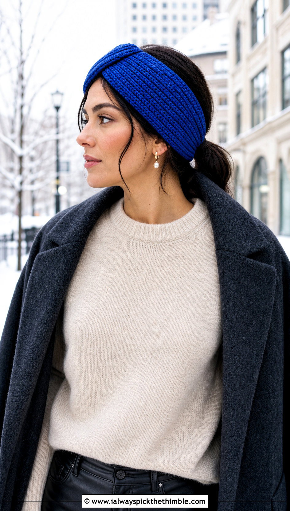 Ribbed Triangle Headband With Sweater And Leather Pants - 20 crochet triangle headband outfit ideas