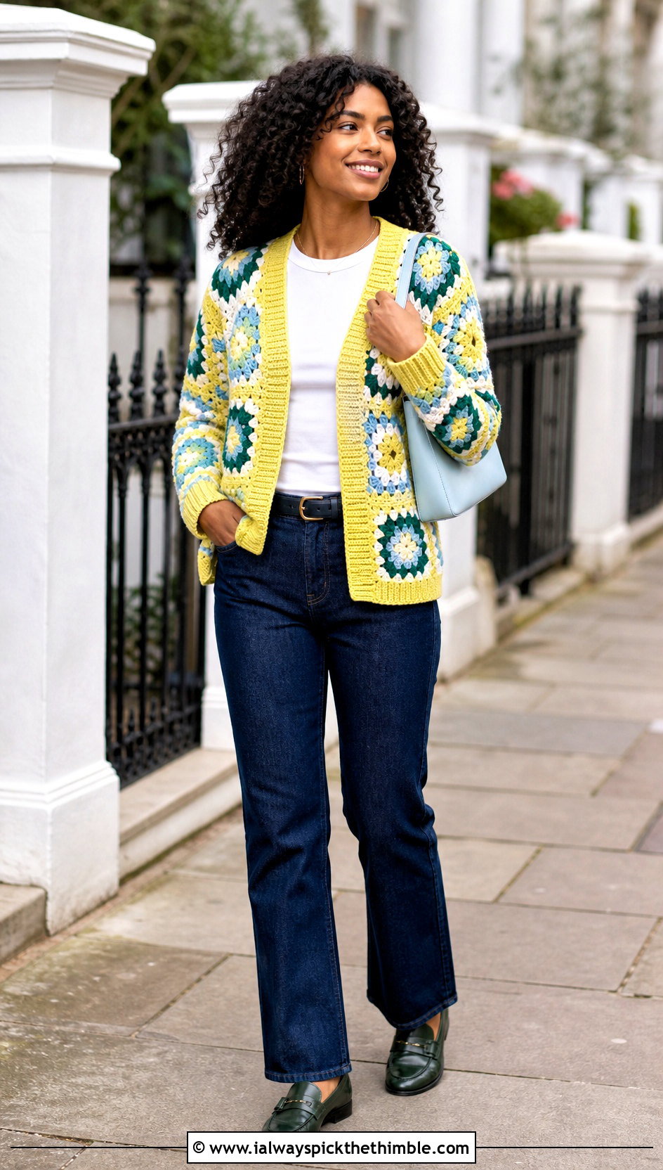 Ribbed Trim African Flower Crochet Cardigan With Straight Jeans - 20 african flower crochet cardigan outfit ideas
